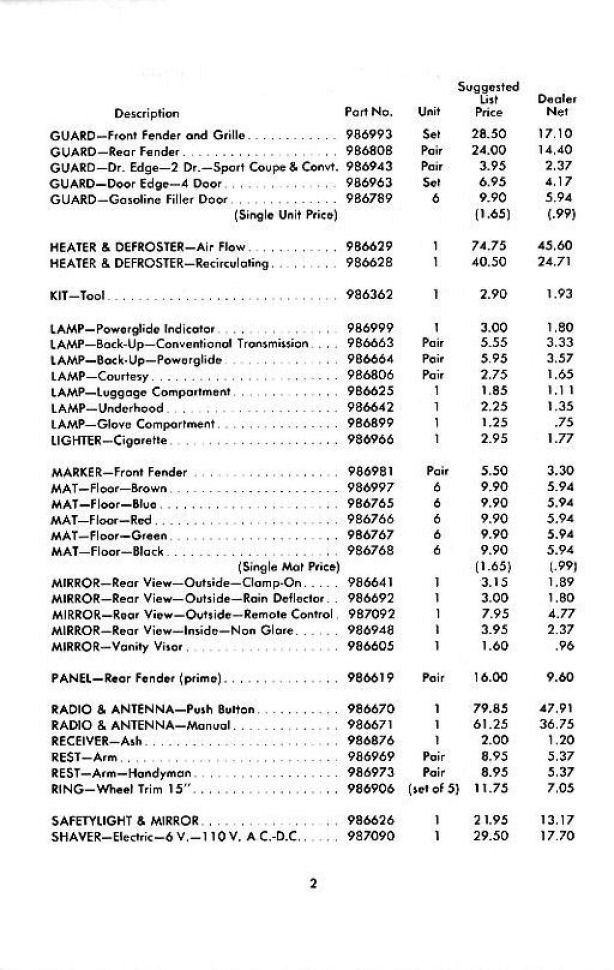 1954 Chevrolet Accessories Price List Page 5